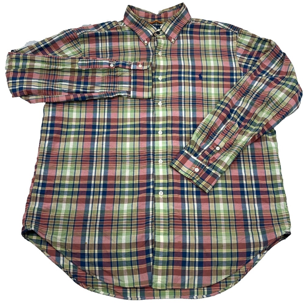 Ralph Lauren Shirt Men XL Green Multi Plaid Button Up Dress Blue Pony Preppy *